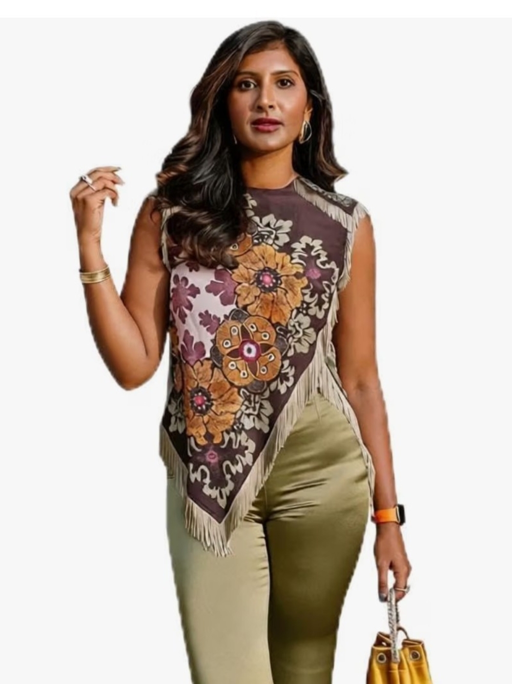 Sleeveless Floral Fringe Scarf